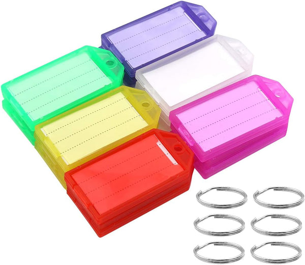 Coideal 60 Pack Plastic Key Tags with Label, Bulk Colored Tough Keychain Ring Tags for ID Luggage