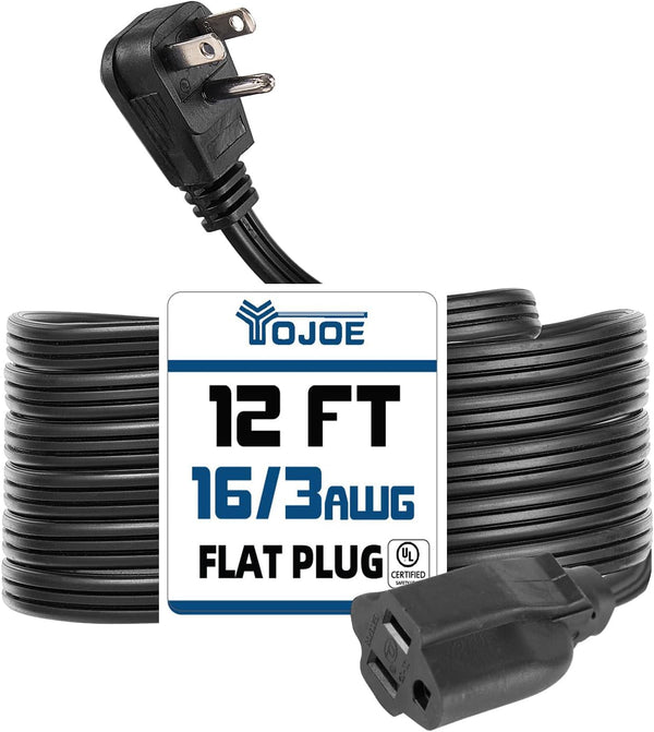 YOJOE Indoor Extension Cord, 3 Prong Grounded 13A Power Cord, 16 Gauge 12 ft Black Flat Plug