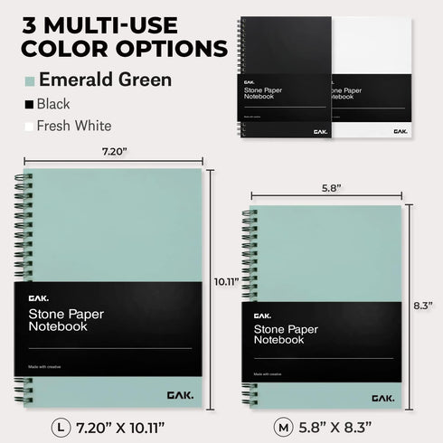 Stone Paper Waterproof Spiral Notebook, Eco-Friendly 7.20”x10.11”, 50 Sheets, Durable Ruled Green Notepad