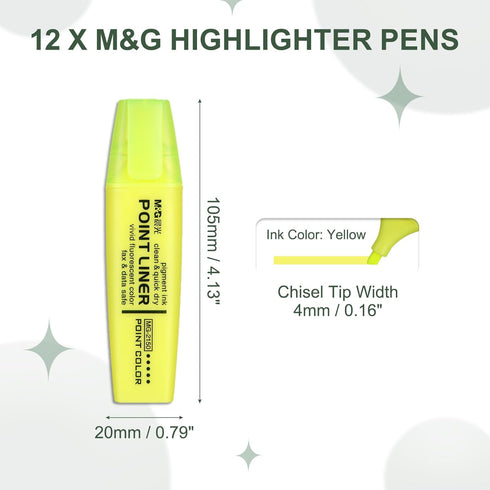 M&G Yellow Highlighter, 12 Pack, No Bleed Highlighters, Neon Thick Cute Markers for Books