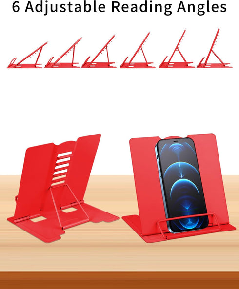 MSDADA Small Desk Book Stand: Adjustable Metal Cookbook Holder for Recipes and Textbooks (Red)