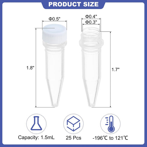 PATIKIL 1.5ml Plastic Cryogenic, 25Pcs Cryogenic Vial Screw Top Frozen Test Tube for Lab Laboratory Science, White Cap