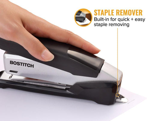 Bostitch Office Executive Metal Desktop Stapler, 3 in 1 Spring Powered Stapler, One Finger, Staple Storage Compartment & Staple Remover, includes 210 Staples, 28 Sheet Capacity, Black/Gray by Bostitch