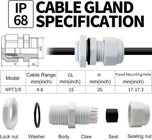 3/8 Cable Glands White PA66 Connector IP68 Waterproof Adjustable Cord Grip Strain Relief Connectors Protectors White 10PCS With Plastic Box
