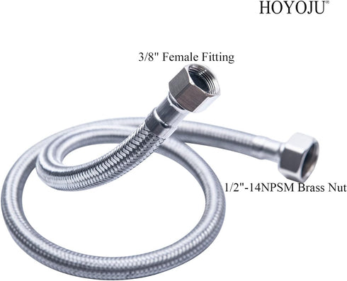 Braided Faucet Connector Supply Hose 1/2"-14NPSM Brass Nut X 3/8 Female Fitting Stainless Steel Lead-Free 20-Inch Long x 2 Pack by HOYOJU