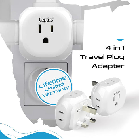 Ceptics US to UK Plug Adapter, Ultra Compact Power Adapter for USA to Type G Countries, 2 Pack