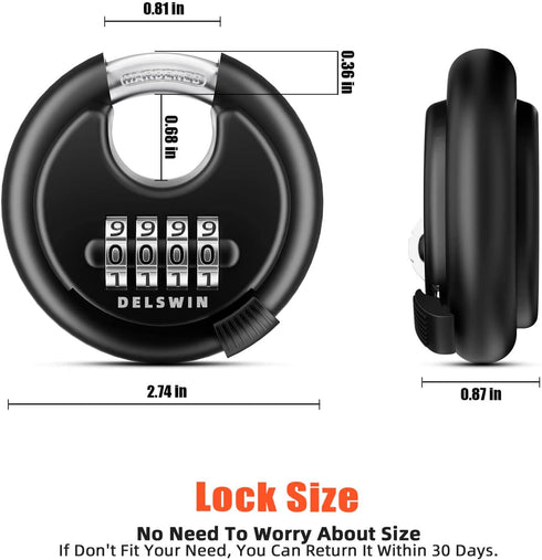 DELSWIN 4 Digit Combination Disc Padlock with Hardened Steel Shackle for Sheds, Storage Units, School Gym Lockers