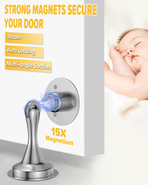 Door Stoppers Magnetic Door Catch - 2 Pack Stainless Steel Heavy Duty Door Holder Stops for Bottom Top of Door - Wall Floor Mounting No Drill 3M Adhesive & Screws Strong Magnet Keep Door Open