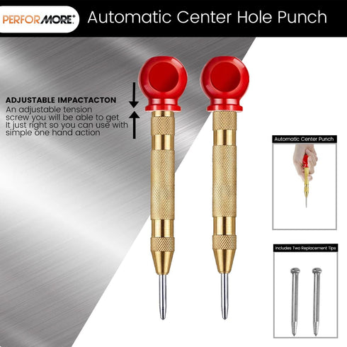 Performore Automatic Center Hole Punch, Hardened Steel with Adjustable Spring, Hand Tool for Metal or Wood