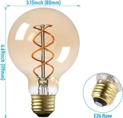TORCHSTAR G25 LED Globe Light Bulbs, Amber Glass, 4.5W 250LM Dimmable, E26 Base Vintage Edison, 2000K, 3 Pack