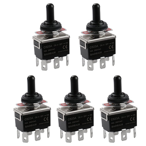 Baomain Toggle Switch with Waterproof Boot Cap, AC 250V 15A DPDT 3 Position ON/OFF/ON, Pack of 5