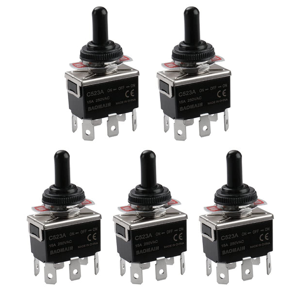 Baomain Toggle Switch with Waterproof Boot Cap, AC 250V 15A DPDT 3 Position ON/OFF/ON, Pack of 5