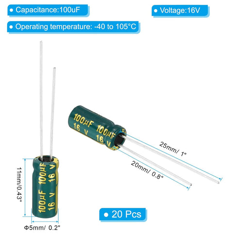 PATIKIL 16V 100uF Electrolytic Capacitors, 20Pcs 5x11mm Aluminum High Frequency for TV, LCD Monitor, Refrigerator