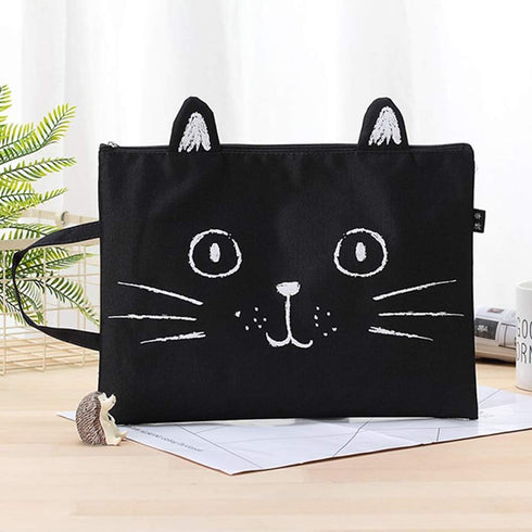 Sun Kea Cute Cat File Folders, A4 Size Zippered Canvas Portfolio Document Pocket, Students Stationery Organizer Handbag