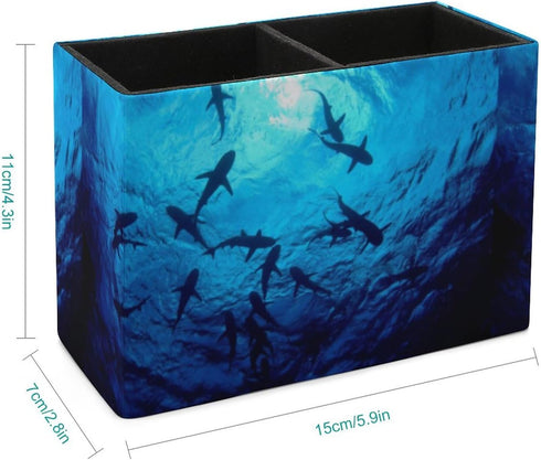 Pen Holder, Pencil Holder for Desk Organizer, Sea Ocean Animal Sharks PU Leather Pencil Cups Desktop Stationery Storage Makeup Brush Holder Pen Organizer for Office Home by Quteprint