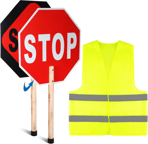 Yahenda Stop Slow Sign Traffic Set, 13" x 13" Double Sided Hand Stop Sign with High Visibility Vest for Road Work