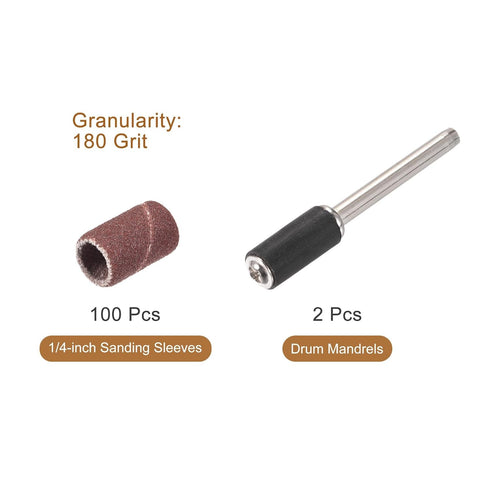 uxcell 100 Pcs 1/4 Inch Sanding Sleeves Sandpaper Set 180 Grit with 2 Pcs 1/8 Inch Drum Mandrels for Rotary Tools