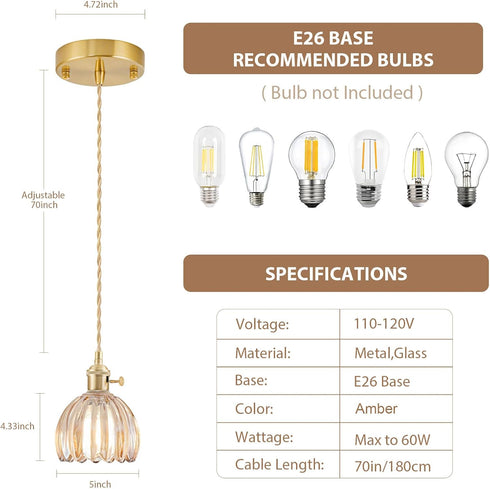 Mini Pendant Lights Kitchen Island, Small Adjustable Pendant Light Fixture with Amber Tulip Glass Lampshade, Vintage