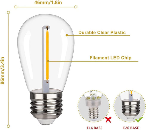 BORT LED S14 Replacement Light Bulbs, Shatterproof Outdoor String Light Bulbs, 25 Pack, 2200K Warm White