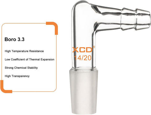 XCD Glass Vacuum/Gas Adapter 90-Degree Bent Borosilicate Glass Inlet Adapter with 14/20 Inner Joint Hose