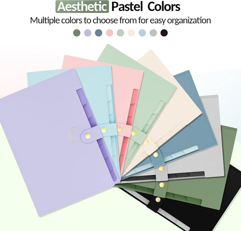 Sooez Aesthetic 8 Pocket Accordion File Organizer - Pastel Expanding Folder with Labels for Important Documents, Light