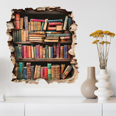 flaxarne 3D Bookshelf Wall Stickers Faux Hole Book Design Decorative PVC Wall Art for Bedroom Living Room Decoration