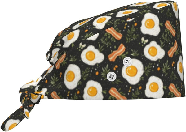 Nurse Scrub Cap Men Women with Buttons - Egg Bacon Leaves Print