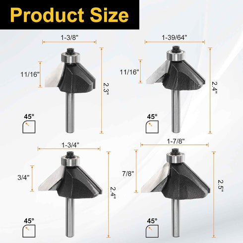 4pcs 45 Set 1/4 Inch 5/8" 3/4" 7/8" 1" HARFINGTON Degree Chamfer Router Bit Shank Cutting Edge Carbide Tip with Bearing