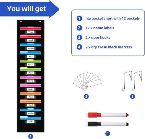 REGELETO 12 Pockets File Storage Pocket Chart, Hanging Wall File Organizer for Classroom and Office, Black