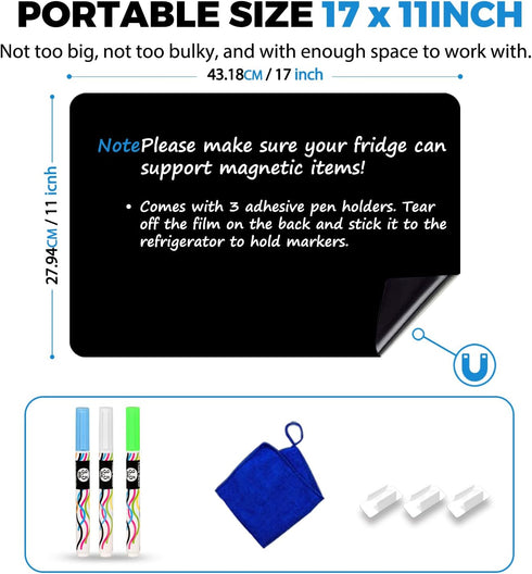 CUHIOY Magnetic Black Dry Erase Board for Fridge 17x11'', Small Kitchen Refrigerator Magnet for Grocery List and To Do
