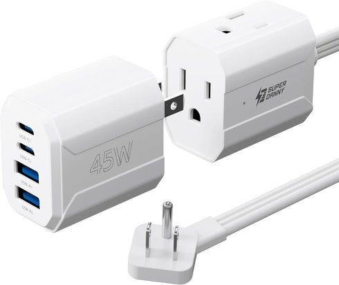 SUPERDANNY Detachable Travel Power Strip, 45W USB Fast Charge, 2 USB-C & 2 USB-A, 3 Outlets, 5ft Extension Cord, White