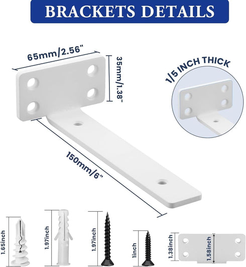 White,4 Shelves,6'' Brackets,1/5" Inch Alise Floating Shelf Brackets Pcs L Brackets for Hidden Invisible Shelf Thick