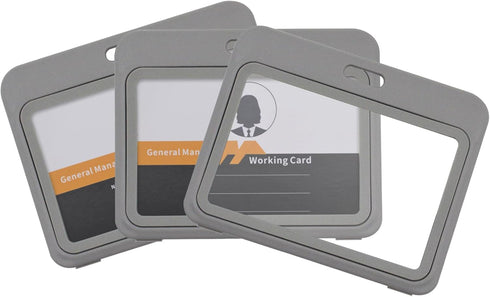 ID Badge Holder with Plastic Clip, Double-Sided Transparent Windows Horizontal Hard Grey Plastic Case for Office School