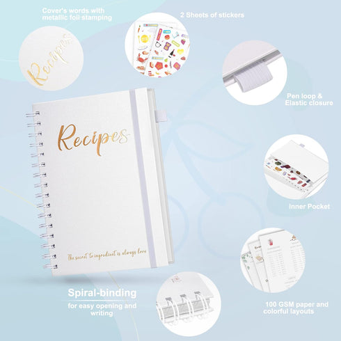 JUBTIC Recipe Book to Write in Your Own Recipes - Spiral Hardcover Personal Blank Cookbook with Gold Foil Stickers,