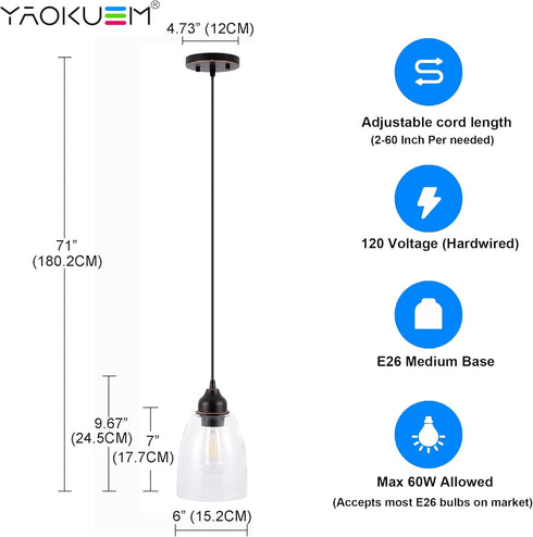E26 Bulbs 2-Pack Pendant Lighting Fixture, Hanging Ceiling Lights with Medium Base, Metal Construction with Clear Glass