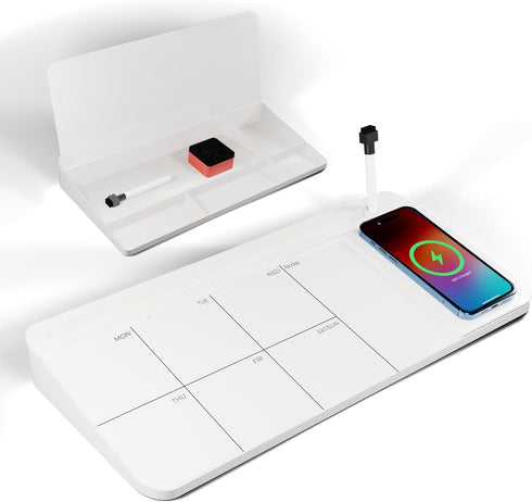 NEXTLUXE Small Glass Desk Whiteboard with Wireless Charger, Weekly Calendar Planner, Dry Erase Computer Pad, Organizer
