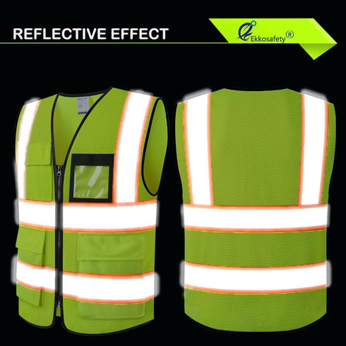 Reflective Mesh Safety Vest for Men Women, 8 Pockets, Zipper Front, High Visibility Hi Vis Construction Vest, ANSI/ISEA