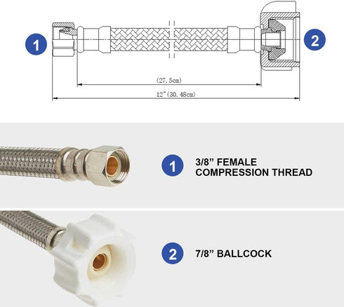 Toilet Water Supply Line Kit, 1/4 Turn 1/2 Inch Angle Push Fit Stop & 12" Stainless Steel Flexible Connector