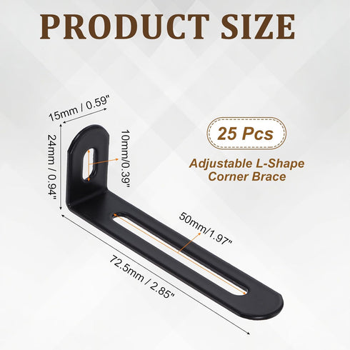 25Pcs 0.9" 2.9" 0.6" 90 uxcell Adjustable L-Shape Corner Brace, x x Metal Slotted Degree Right Angle Corner Shelf