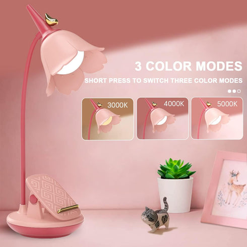 Pink Desk Lamp with Clamp - Rechargeable LED Small Desk Lamp, Adjustable Gooseneck, Dimmable for Kids Girls Bedroom