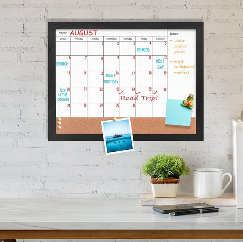 Monthly Calendar Dry Erase White Board & Cork Bulletin Board, 13" x 17" with Black Wood Frame