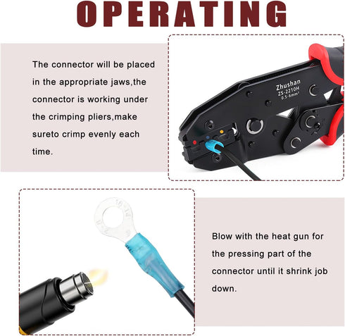 Zhushan Heat Shrink Connector Crimping Tool, AWG 22-10, Ratcheting Terminal Crimper for Electrical Wire