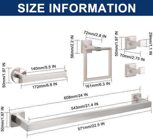 5 Set 304 24" 2 NearMoon Pieces Bathroom Hardware Stainless Steel, Square Towel Rack Kit - Towel Rod + Towel Ring +