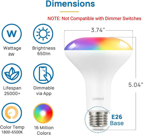 Linkind Matter Smart RGBTW Bulb, BR30 Smart Light Bulbs, LED Color Changing Light Bulbs, E26 Flood Light Bulbs 650LM 60W Recessed Smart Bulbs work with Alexa Apple Home Google Home SmartThings, 2Pack by Linkind