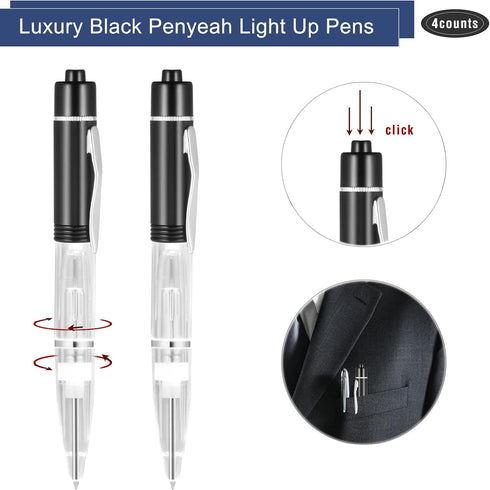 Penyeah Light Up Ballpoint Pens, Black Ink (0.7mm) for Dark Writing, Pack of 4 in White/Red/Green/Blue for Events