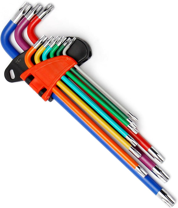 9 PCS Torx Wrench Set, Metric Long Arm Star Key Set T10-T50 with Color-coded Storage Bracket for Bike Repair