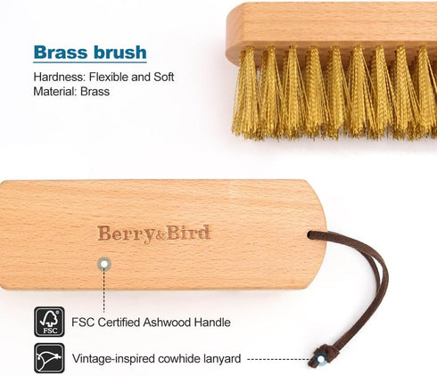 Berry&Bird Brass Brush, Ashwood Premium Brass Wire Brush with Cowhide Lanyard, Heavy Duty Wire Brushes for Cleaning