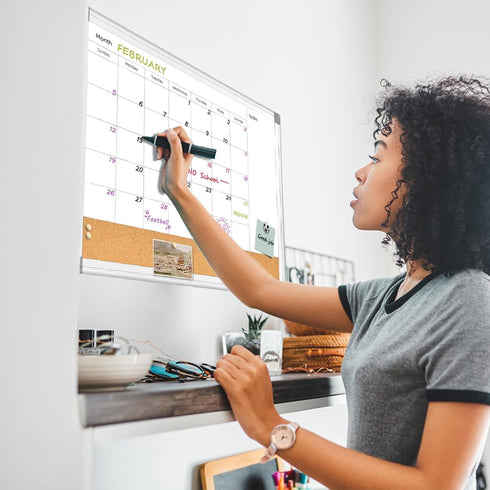 Upgraded Monthly Calendar Dry Erase White Board & Cork Bulletin Board, 17.7" x 23.6" Aluminum Frame