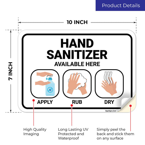 10x7 Inches, 4 Hand Sanitizer Available Here with Apply Rub and Dry Hands Graphic Sign, Mil Vinyl Decal Stickers