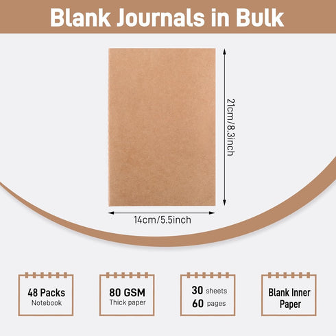 EOOUT 48pcs Kraft Paper Notebooks | Journals for Kids, Blank Paper, 60 Pages, 80GSM, 8.3 X 5.5 Inch, Travel Journal Set